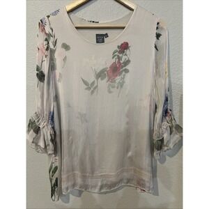 Moda Seta (Soft) Italy Sheer Lined BEIGE FLORAL Blouse SZ LARGE
